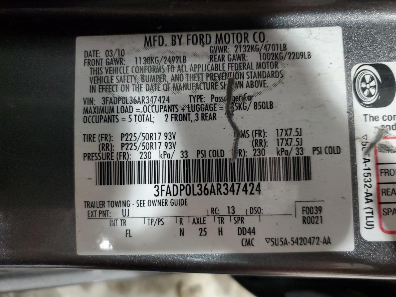 2010 Ford Fusion Hybrid VIN: 3FADP0L36AR347424 Lot: 80608695