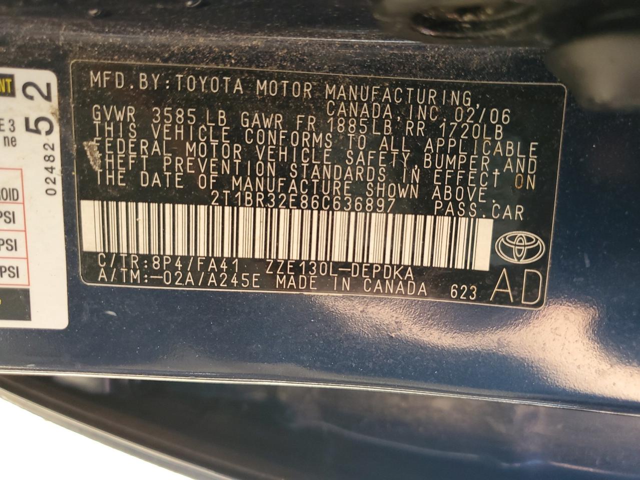 2006 Toyota Corolla Ce VIN: 2T1BR32E86C636897 Lot: 84030955