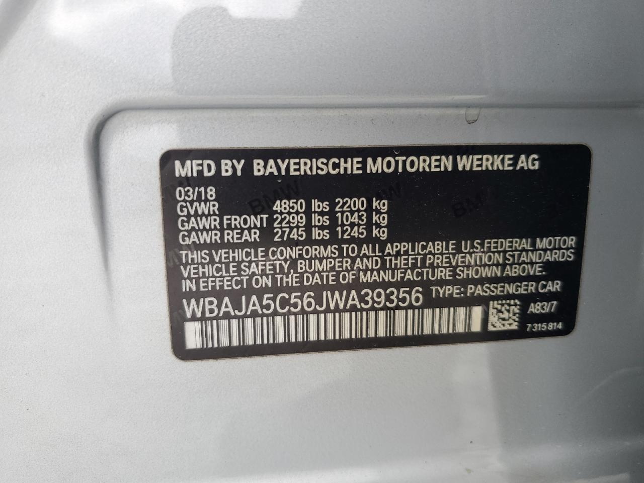 2018 BMW 530 I VIN: WBAJA5C56JWA39356 Lot: 81881105