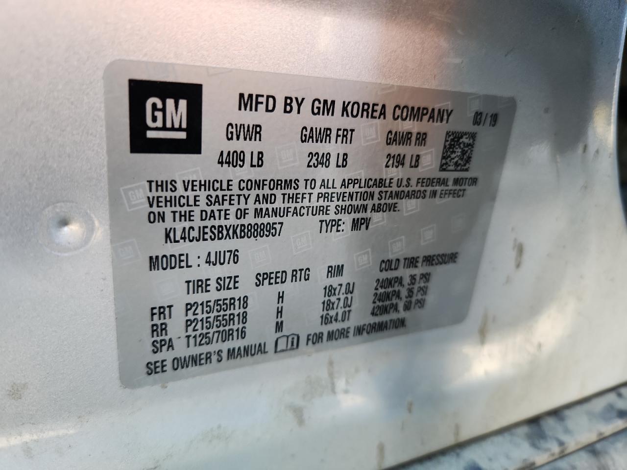 2019 Buick Encore Preferred VIN: KL4CJESBXKB888957 Lot: 71977015