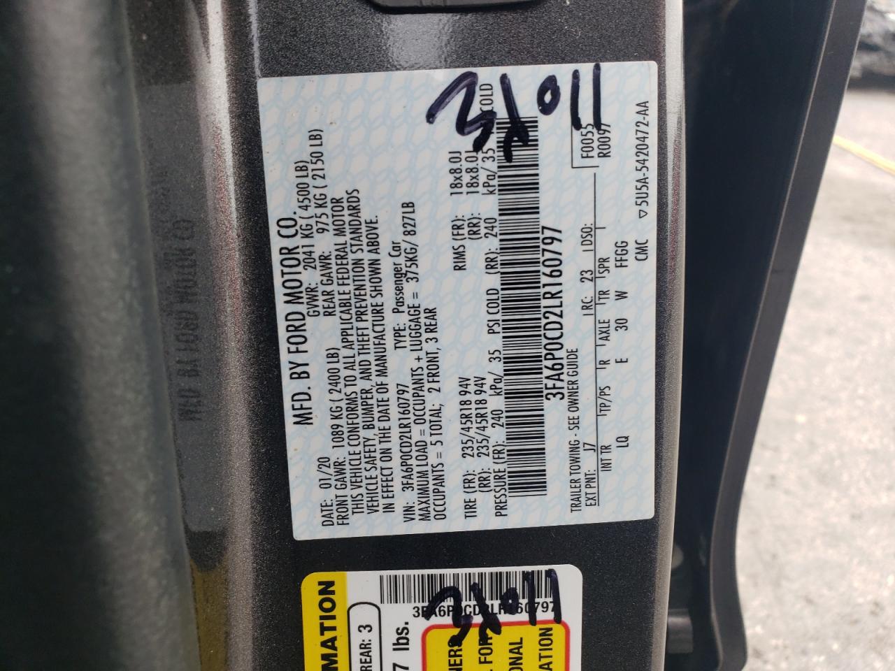 2020 Ford Fusion Sel VIN: 3FA6P0CD2LR160797 Lot: 83754125