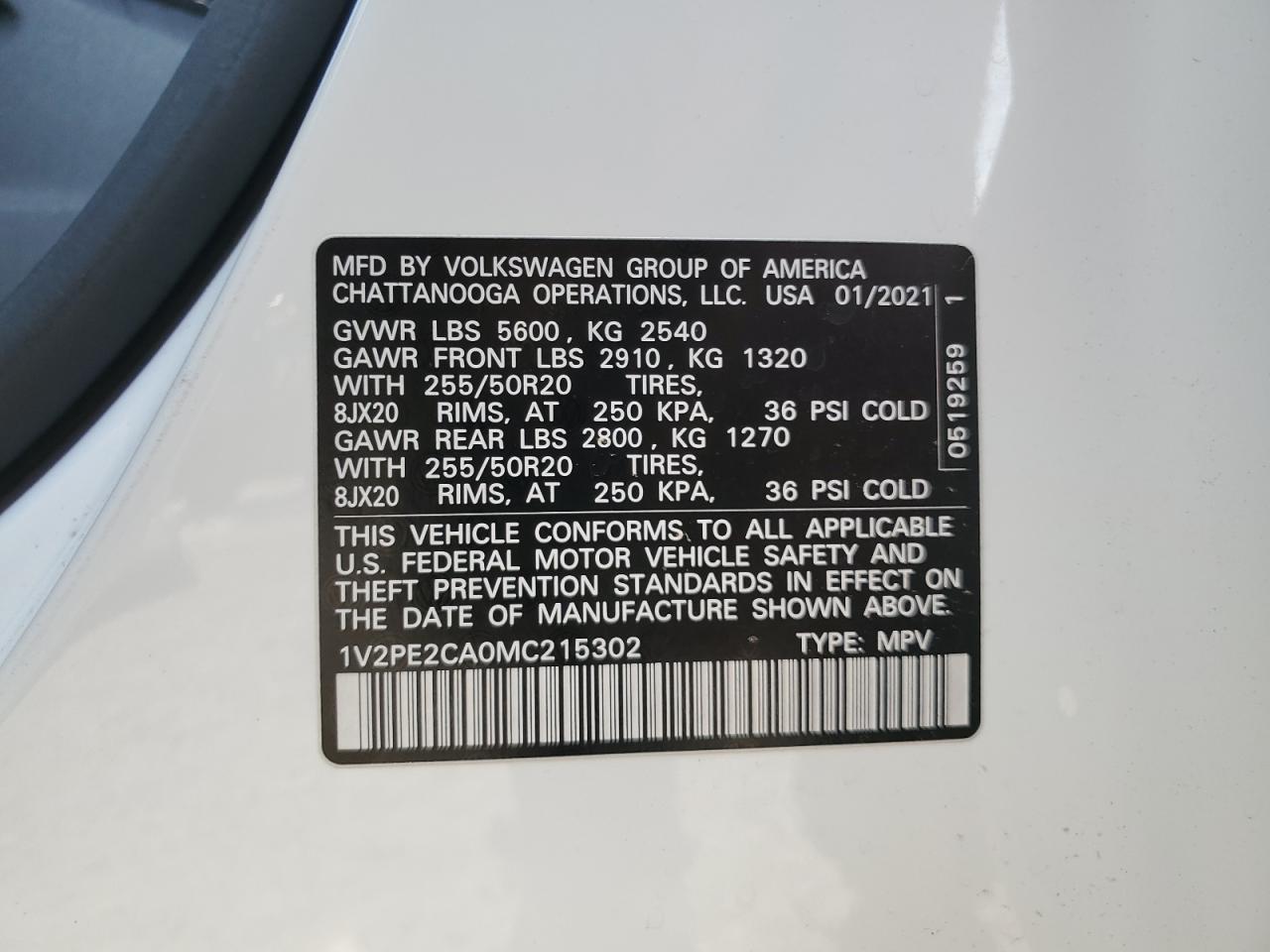 2021 Volkswagen Atlas Cross Sport Se VIN: 1V2PE2CA0MC215302 Lot: 81030425