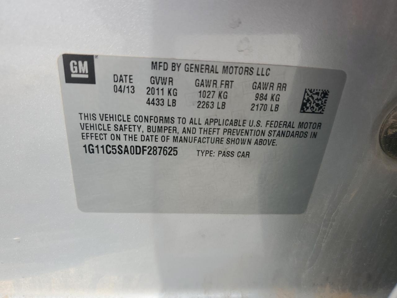 2013 Chevrolet Malibu 1Lt VIN: 1G11C5SA0DF287625 Lot: 80825335