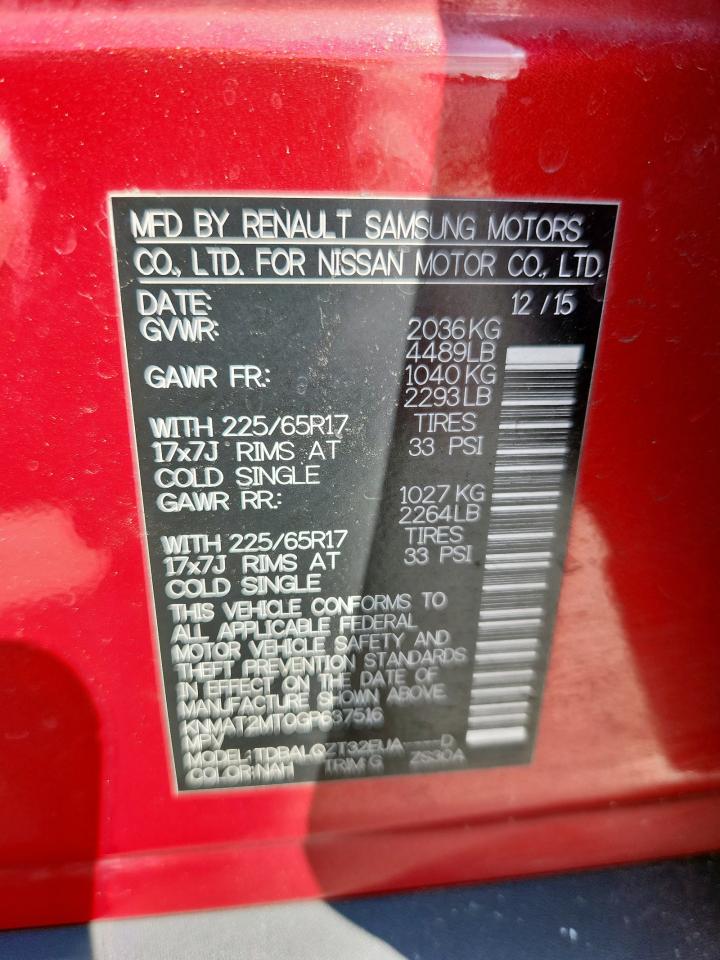 2016 Nissan Rogue S VIN: KNMAT2MT0GP637516 Lot: 71057255