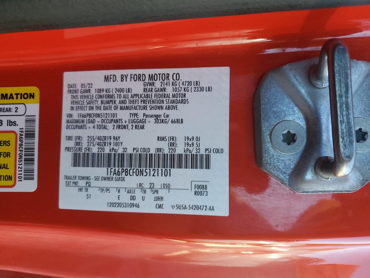 2022 Ford Mustang Gt Premium Fastback VIN: 1FA6P8CF0N5121101 Lot: 43418600