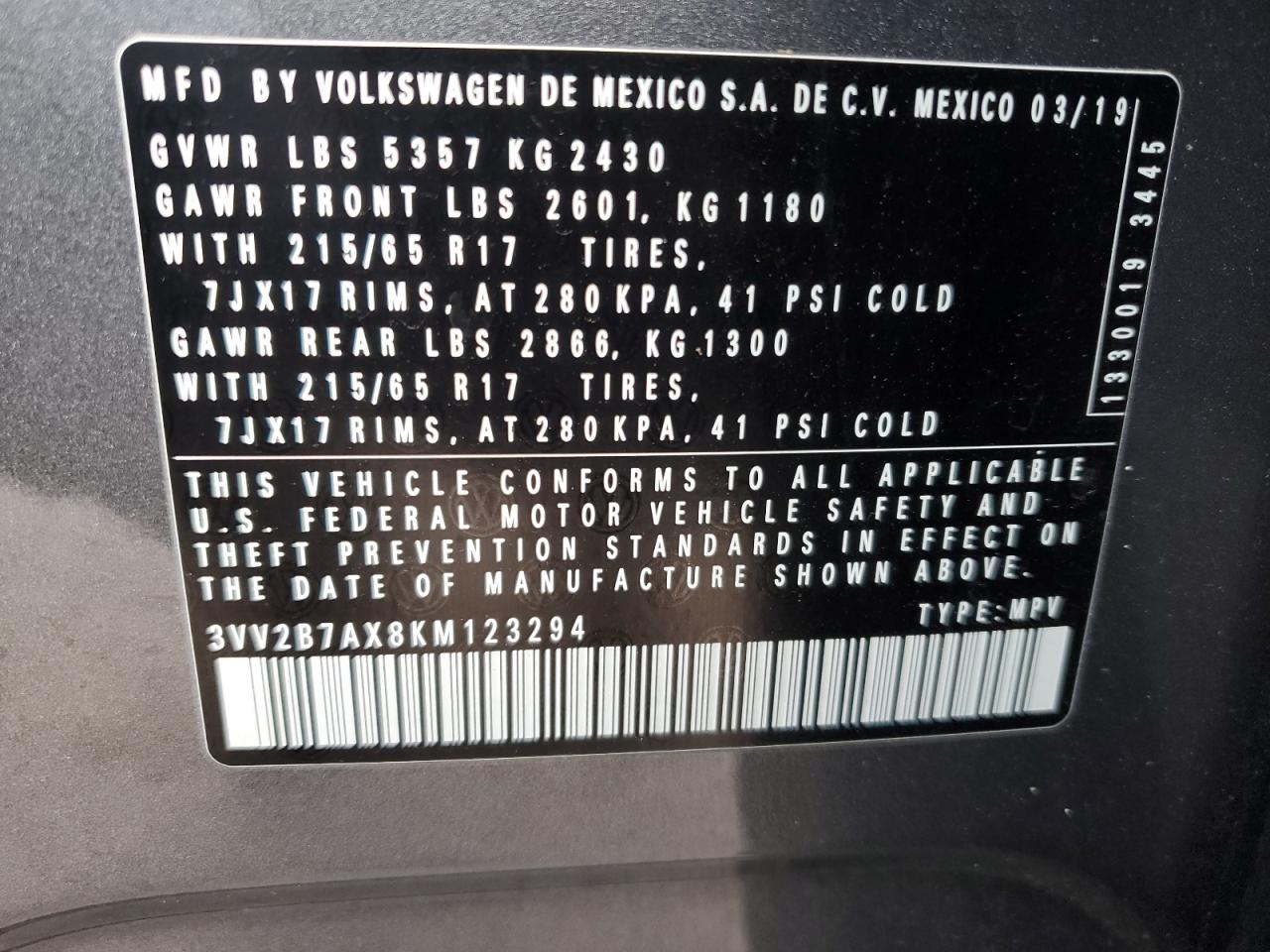 2019 Volkswagen Tiguan Se VIN: 3VV2B7AX8KM123294 Lot: 71432565