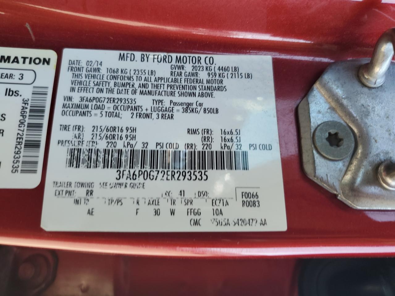 2014 Ford Fusion S VIN: 3FA6P0G72ER293535 Lot: 81963275