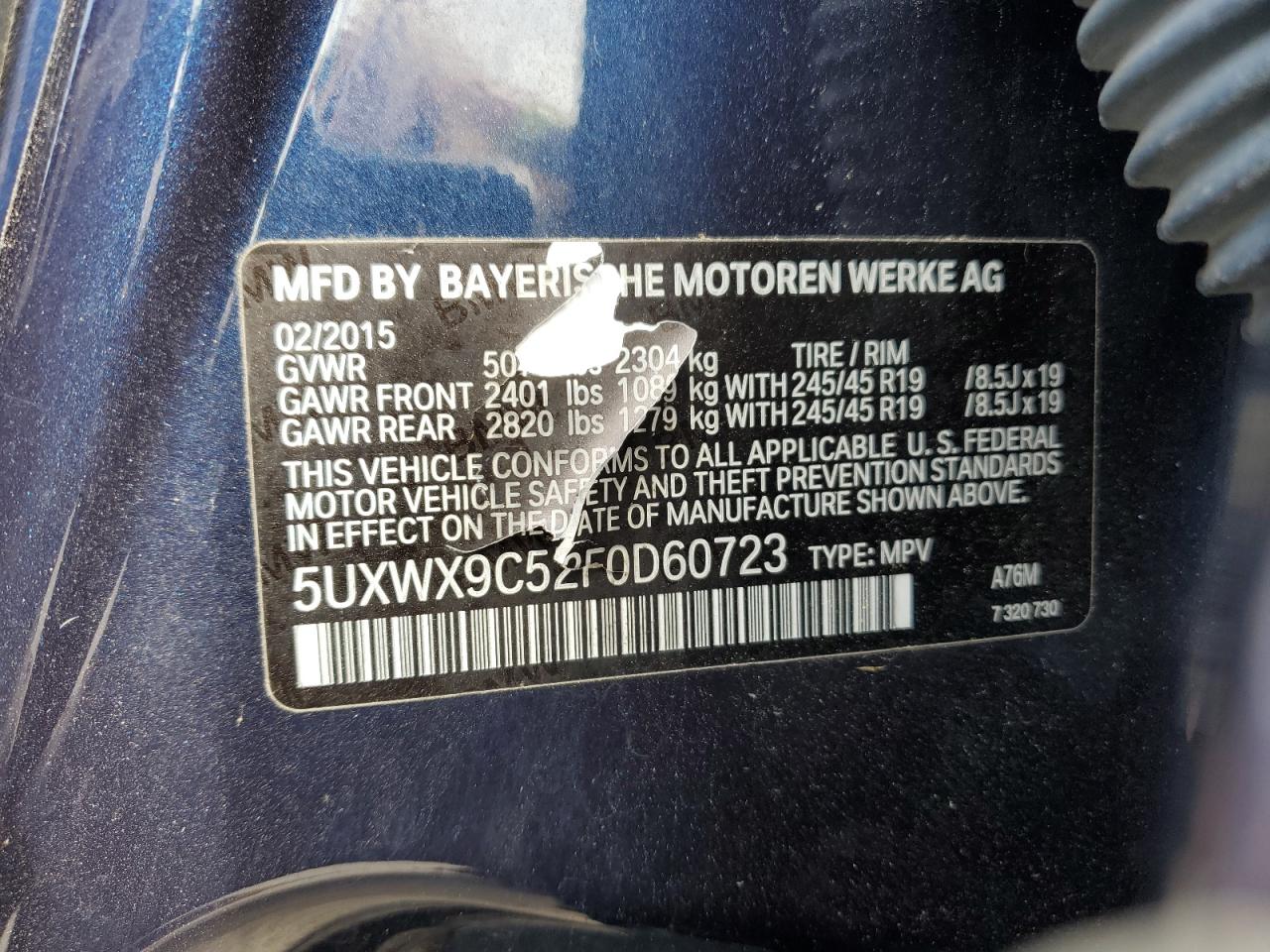 2015 BMW X3 xDrive28I VIN: 5UXWX9C52F0D60723 Lot: 81090375