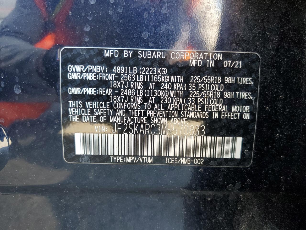 2021 Subaru Forester Sport VIN: JF2SKARC3MH570833 Lot: 84709305
