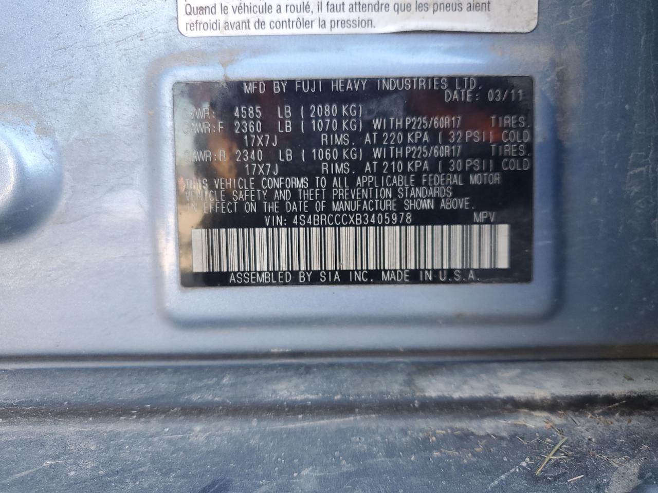 2011 Subaru Outback 2.5I Premium VIN: 4S4BRCCCXB3405978 Lot: 80337185