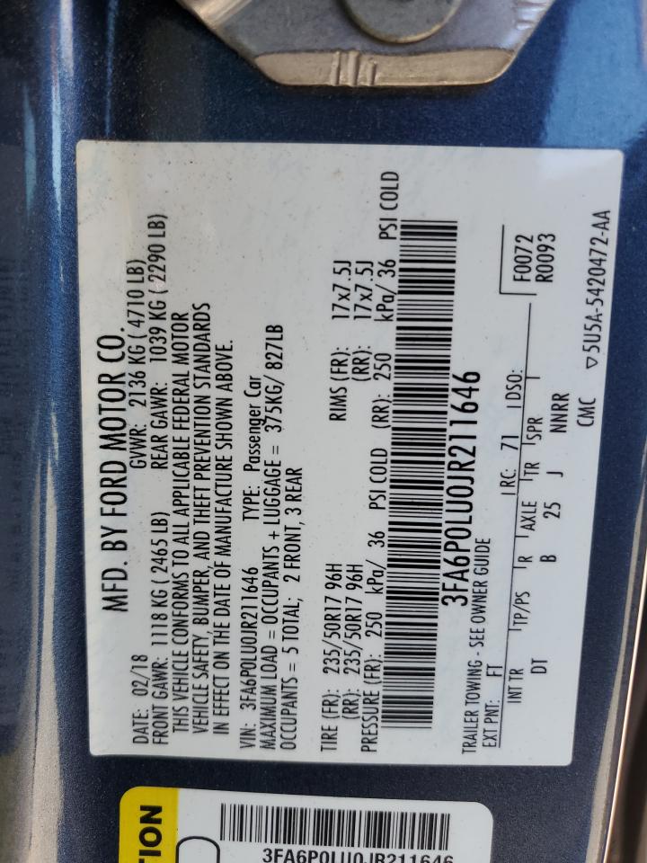 2018 Ford Fusion Se Hybrid VIN: 3FA6P0LU0JR211646 Lot: 83951335