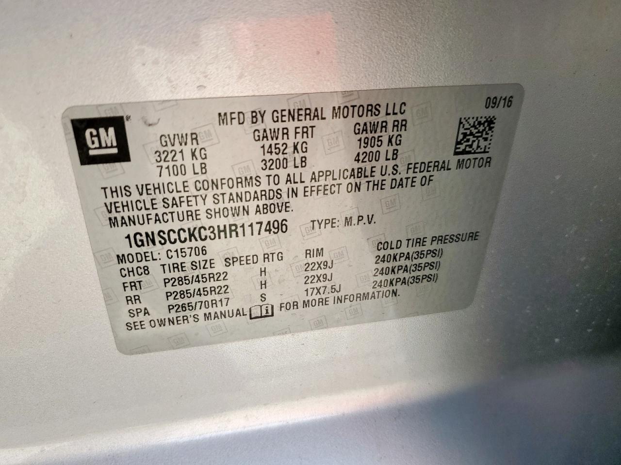 2017 Chevrolet Tahoe C1500 Premier VIN: 1GNSCCKC3HR117496 Lot: 80907695