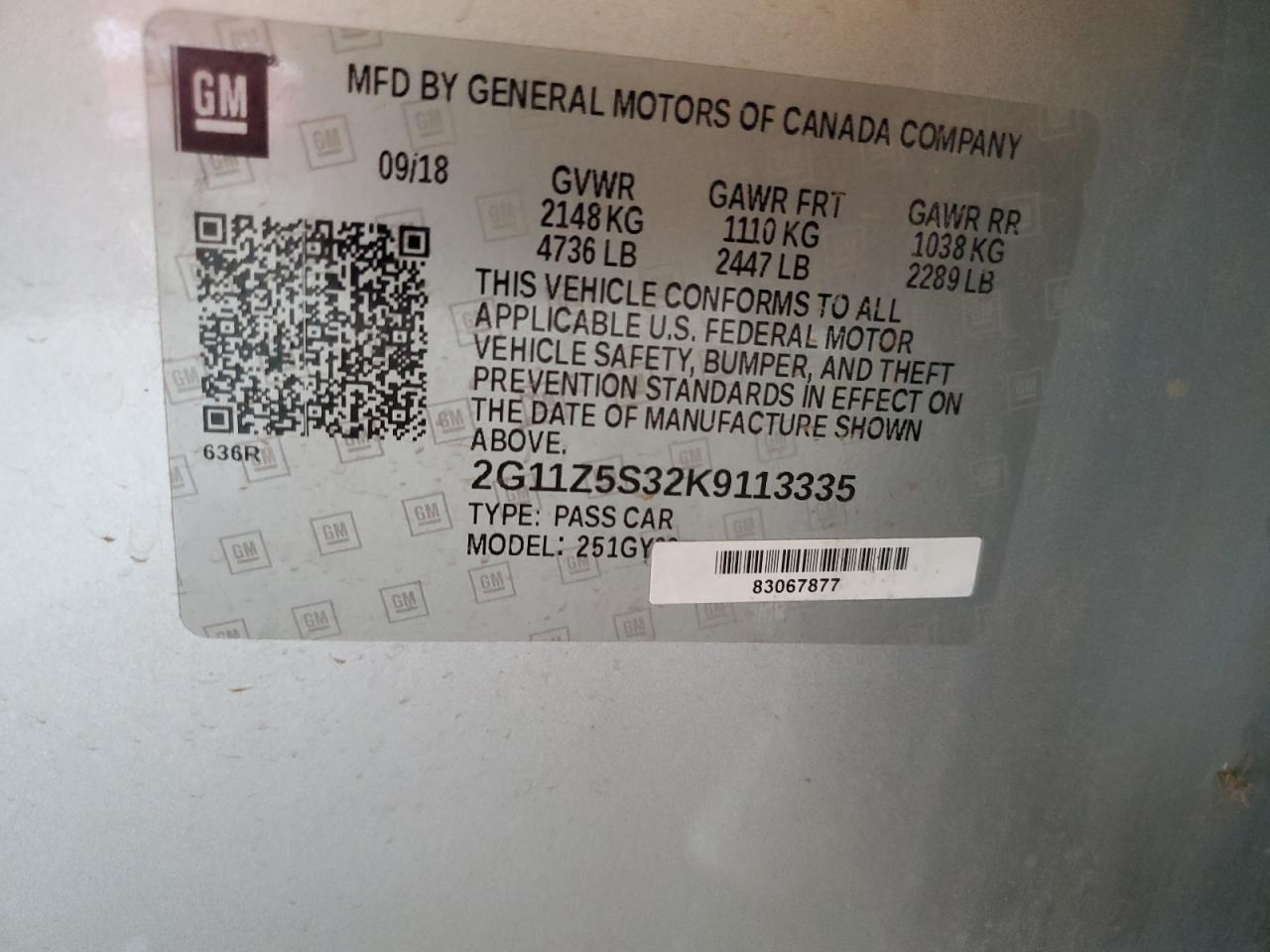 2019 Chevrolet Impala Lt VIN: 2G11Z5S32K9113335 Lot: 81421555