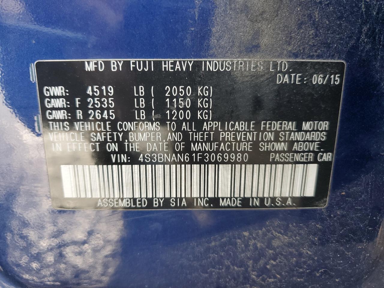 2015 Subaru Legacy 2.5I Limited VIN: 4S3BNAN61F3069980 Lot: 71631385