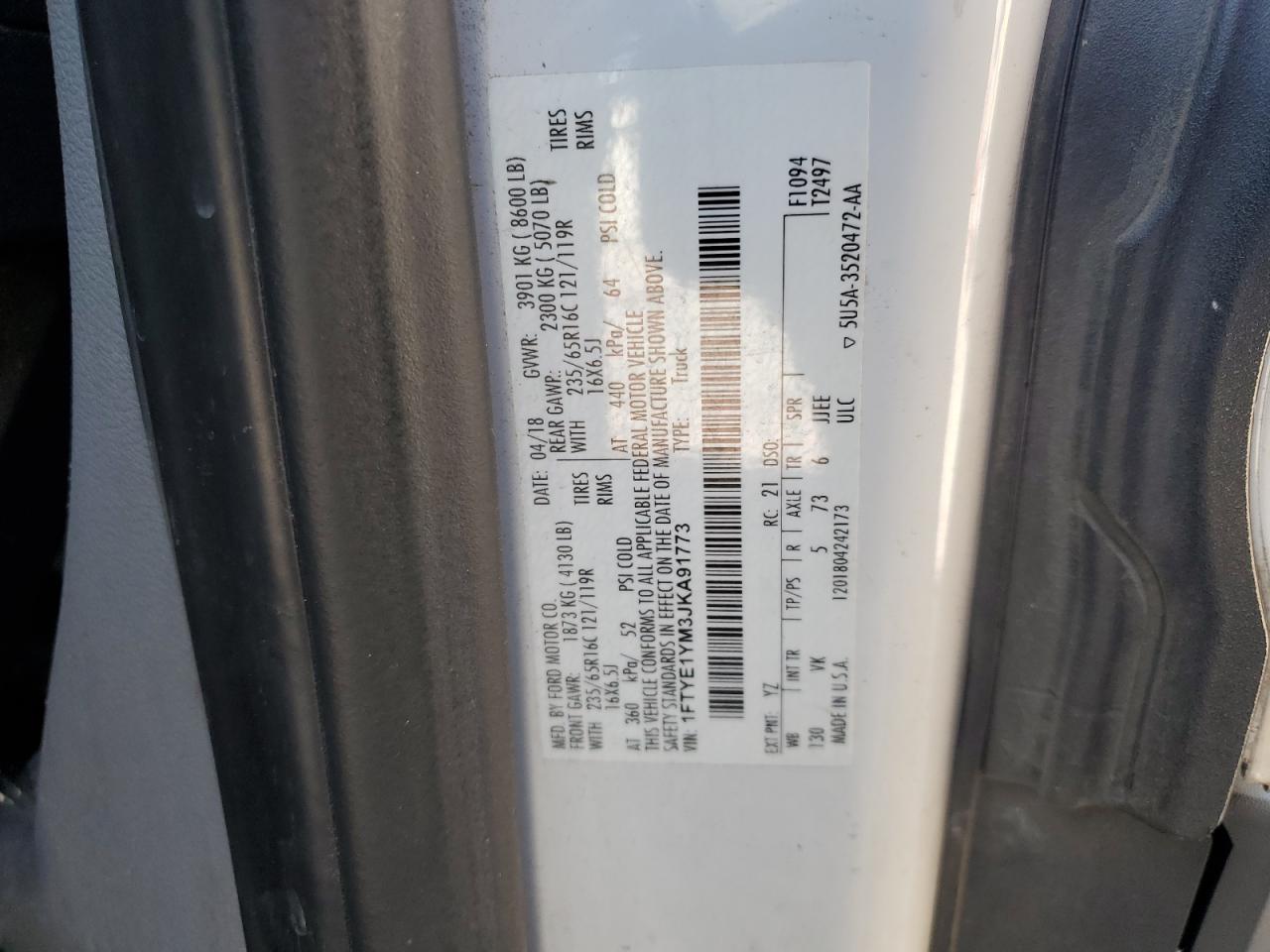 2018 Ford Transit T-150 VIN: 1FTYE1YM3JKA91773 Lot: 84234035