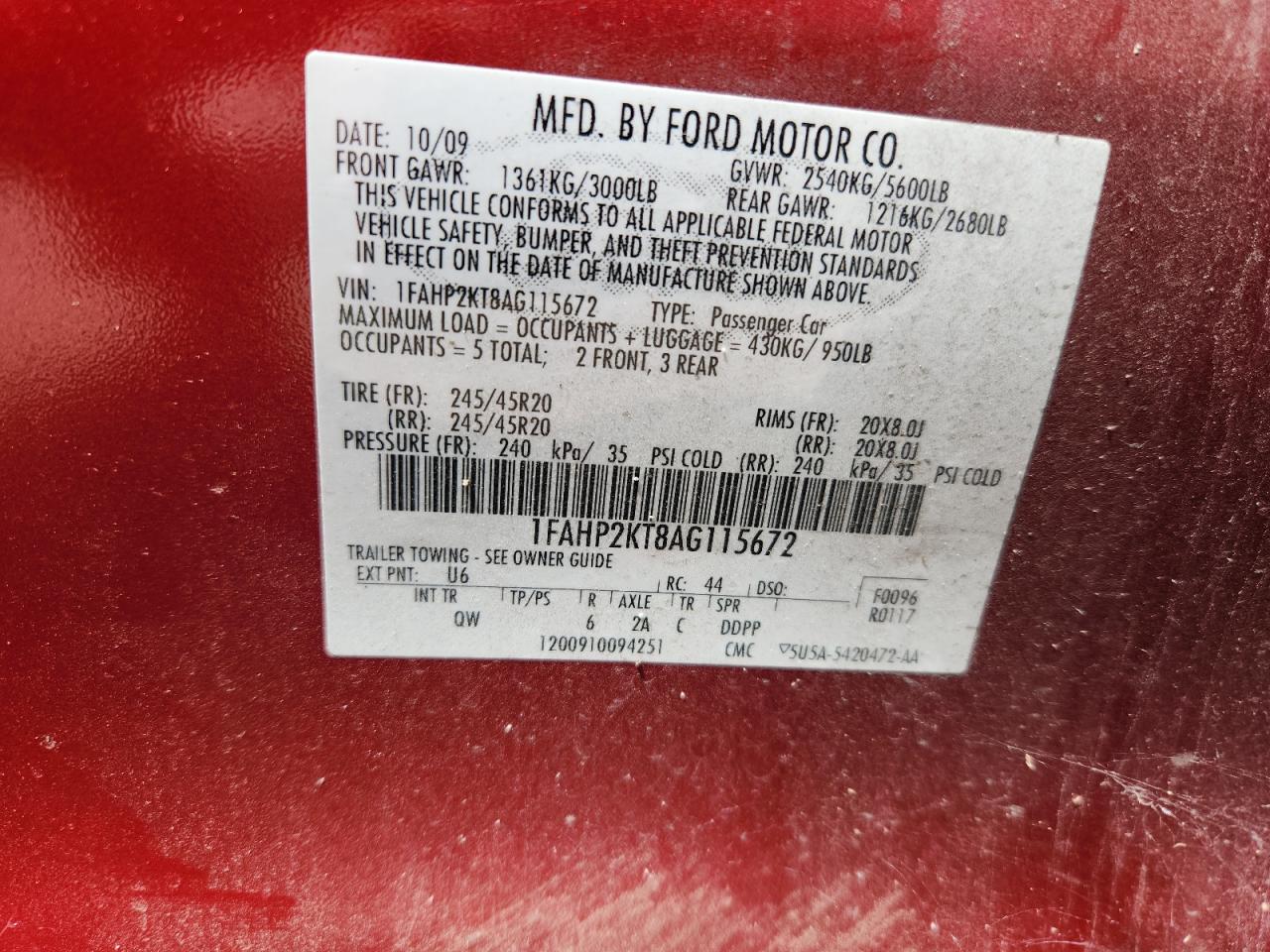 2010 Ford Taurus Sho VIN: 1FAHP2KT8AG115672 Lot: 70718665
