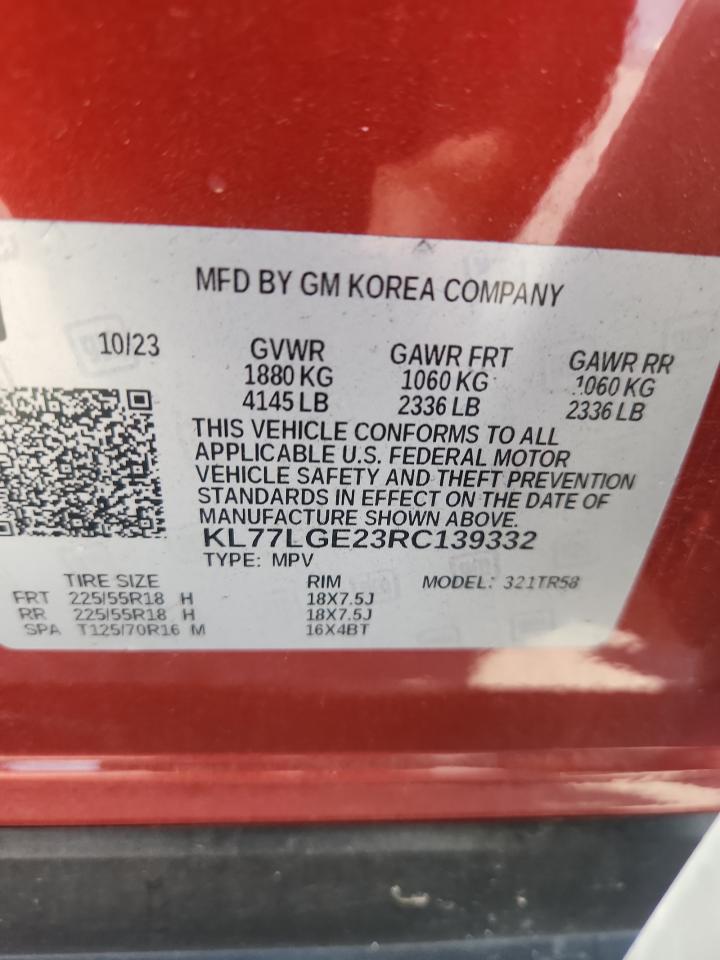 2024 Chevrolet Trax 1Rs VIN: KL77LGE23RC139332 Lot: 80938845