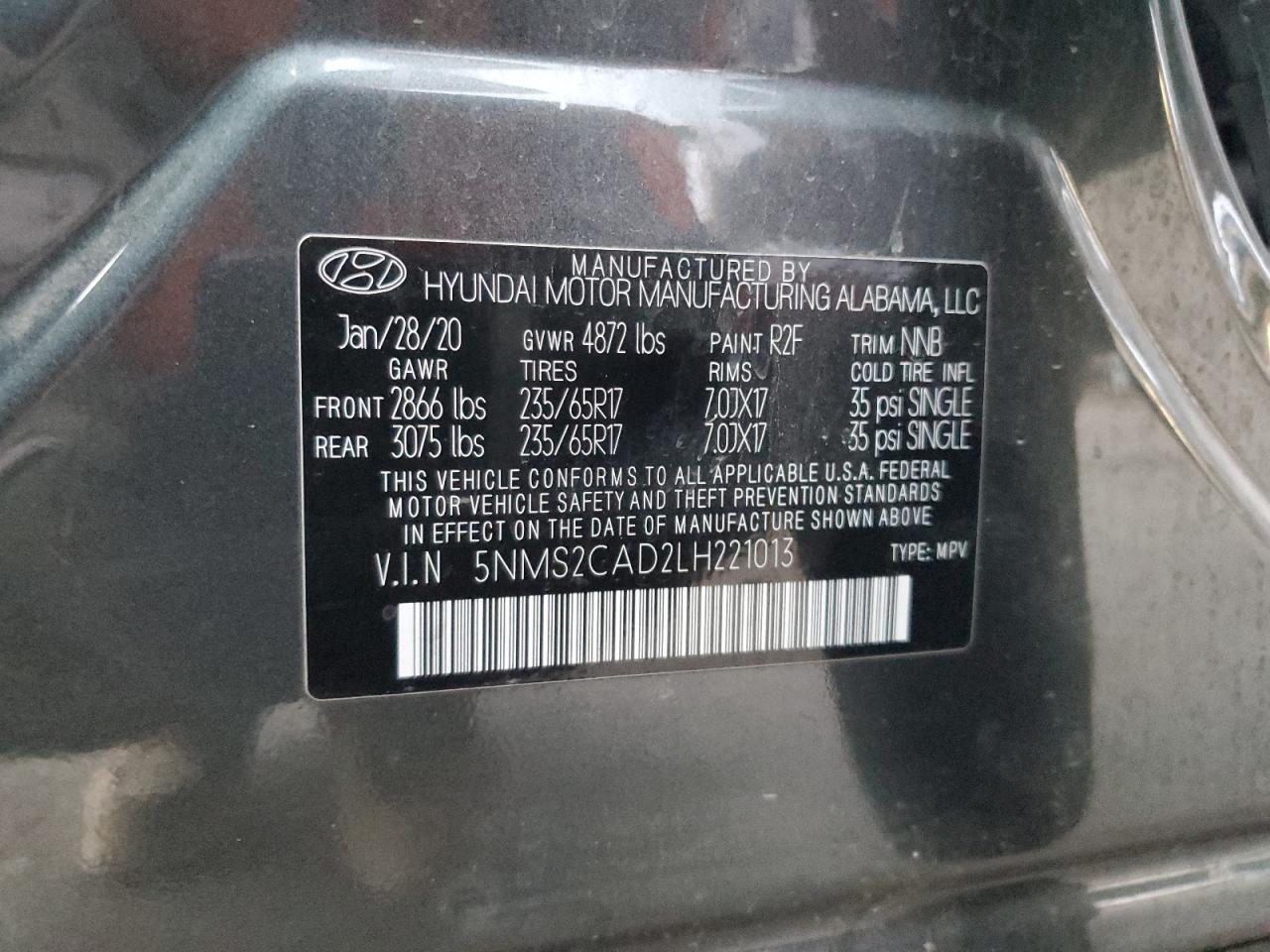 2020 Hyundai Santa Fe Se VIN: 5NMS2CAD2LH221013 Lot: 80507025