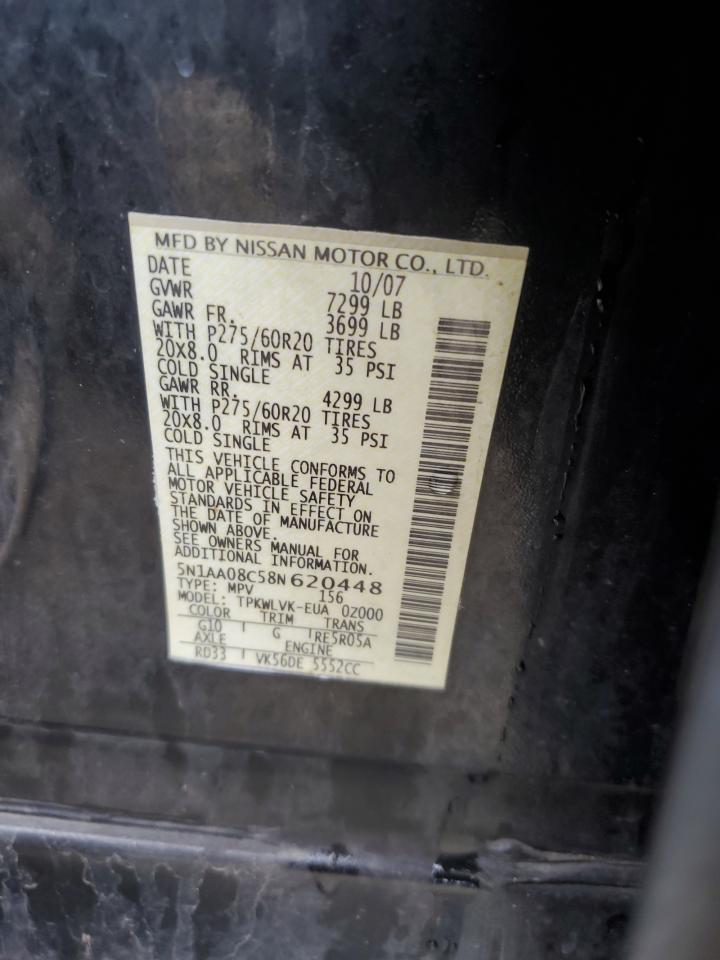 2008 Nissan Armada Se VIN: 5N1AA08C58N620448 Lot: 84575005