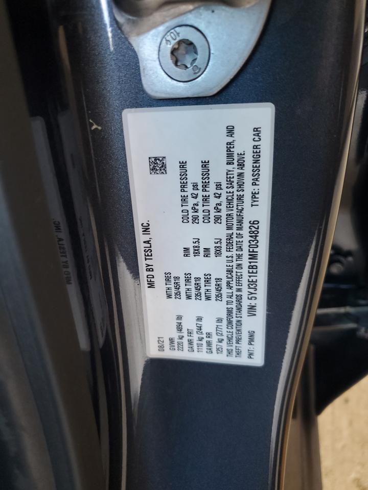 2021 Tesla Model 3 VIN: 5YJ3E1EB1MF034826 Lot: 84444945