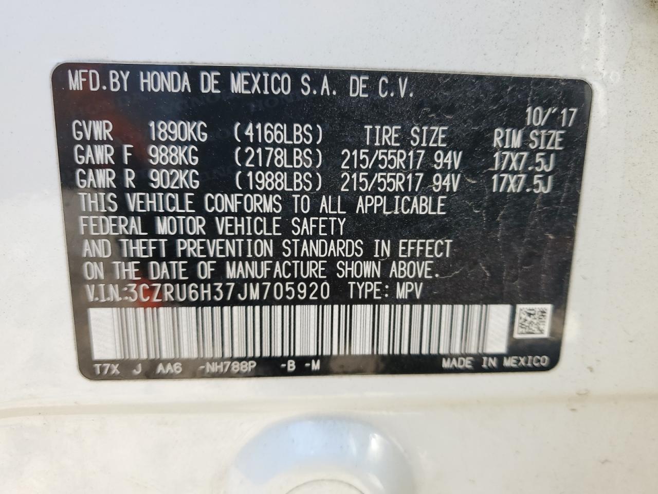 2018 Honda Hr-V Lx VIN: 3CZRU6H37JM705920 Lot: 83991245