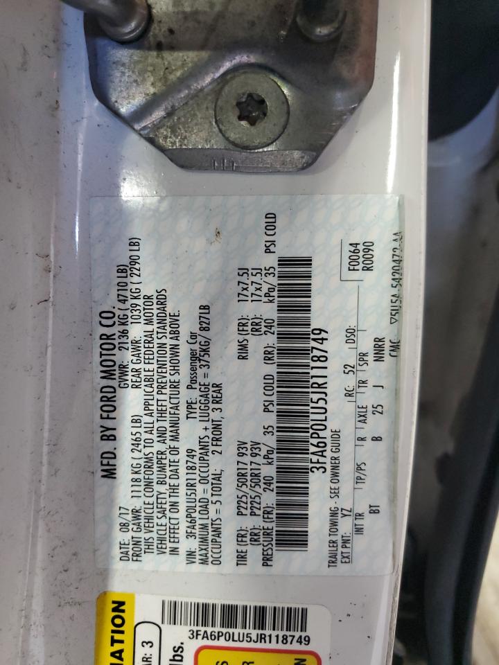 2018 Ford Fusion Se Hybrid VIN: 3FA6P0LU5JR118749 Lot: 54041805