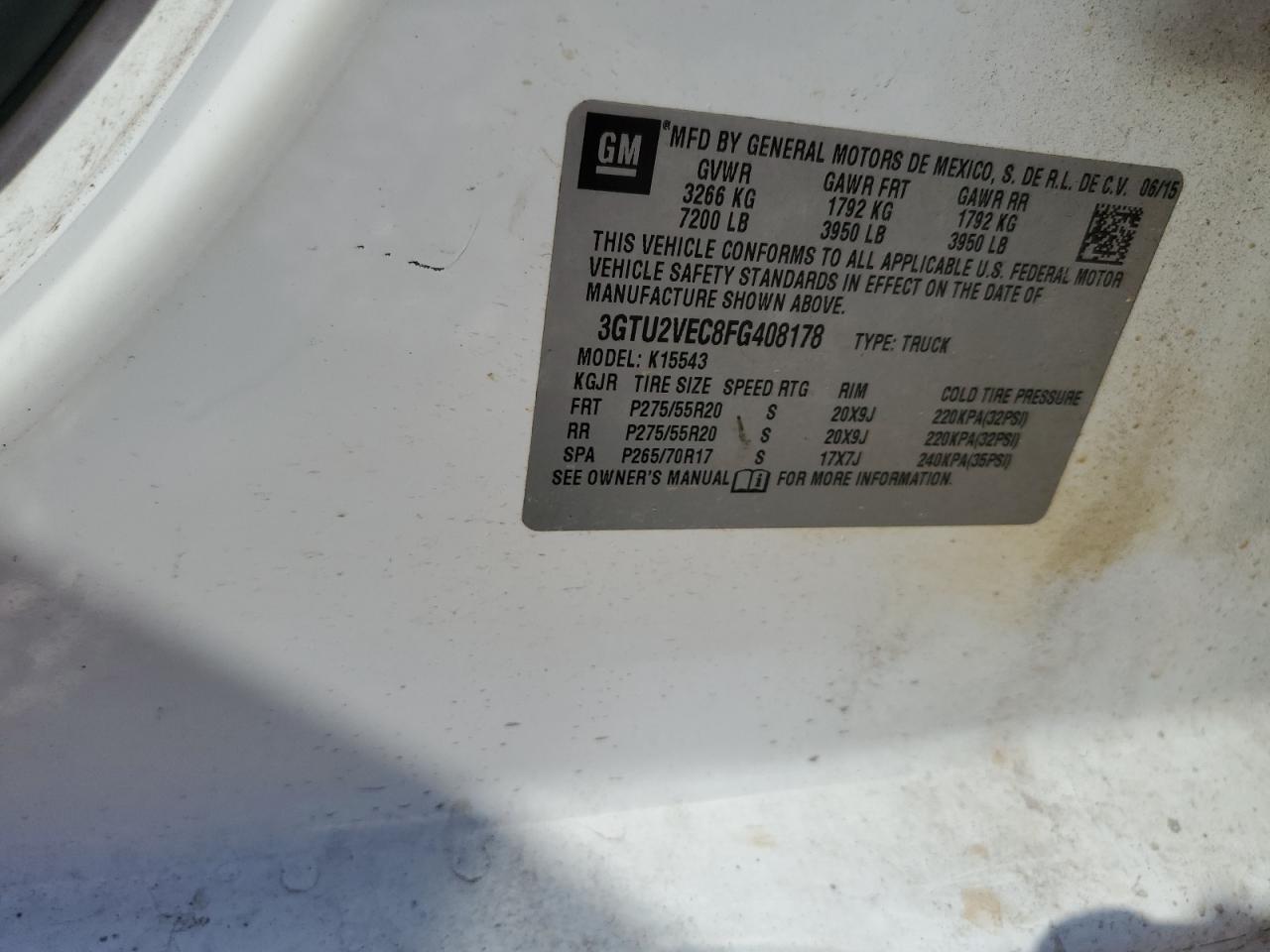 2015 GMC Sierra K1500 Slt VIN: 3GTU2VEC8FG408178 Lot: 81748015