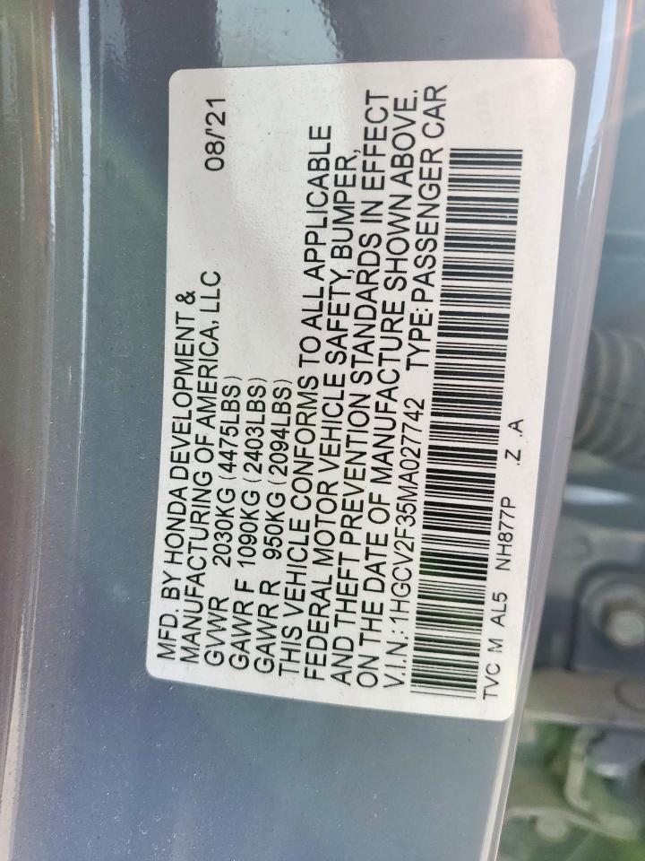 2021 Honda Accord Sport VIN: 1HGCV2F35MA027742 Lot: 71538895