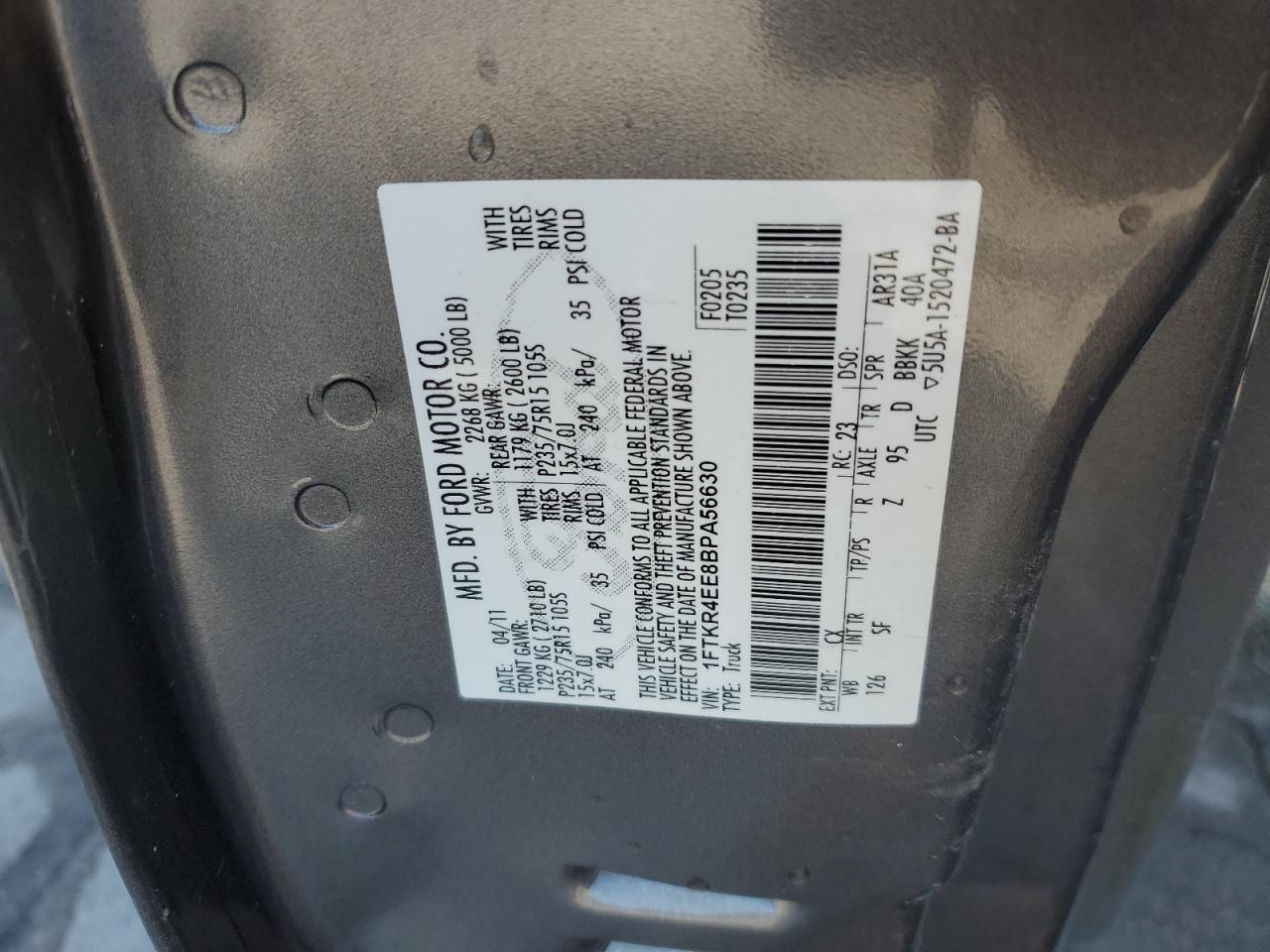 2011 Ford Ranger Super Cab VIN: 1FTKR4EE8BPA56630 Lot: 71276485