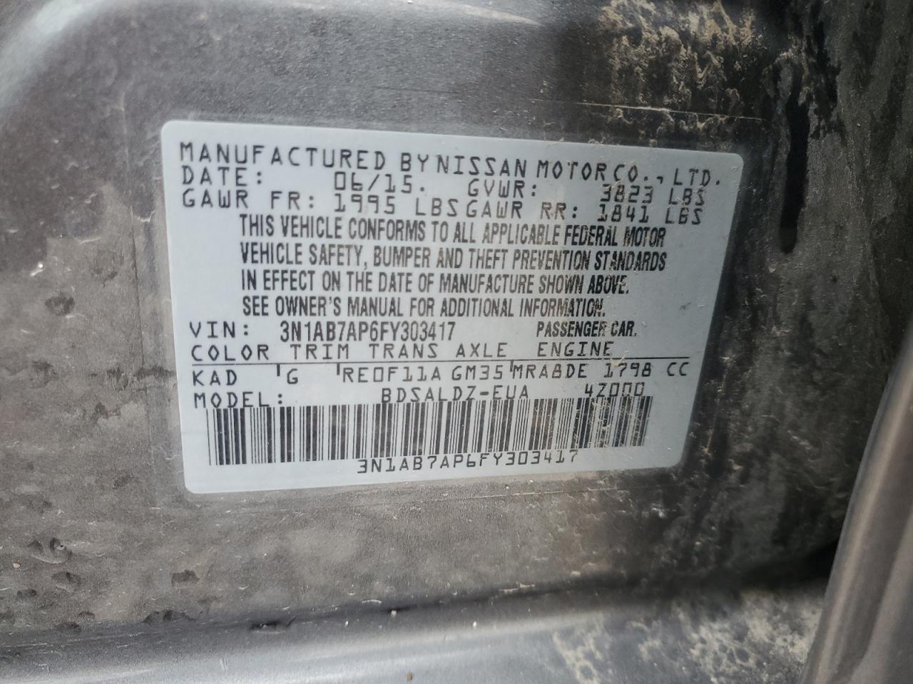 2015 Nissan Sentra S VIN: 3N1AB7AP6FY303417 Lot: 84806975