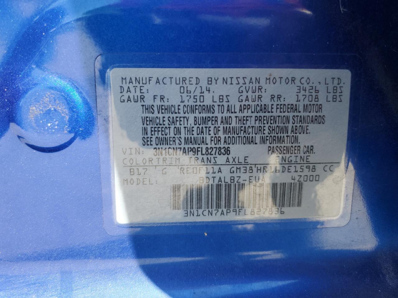 2015 Nissan Versa S VIN: 3N1CN7AP9FL827836 Lot: 71003365