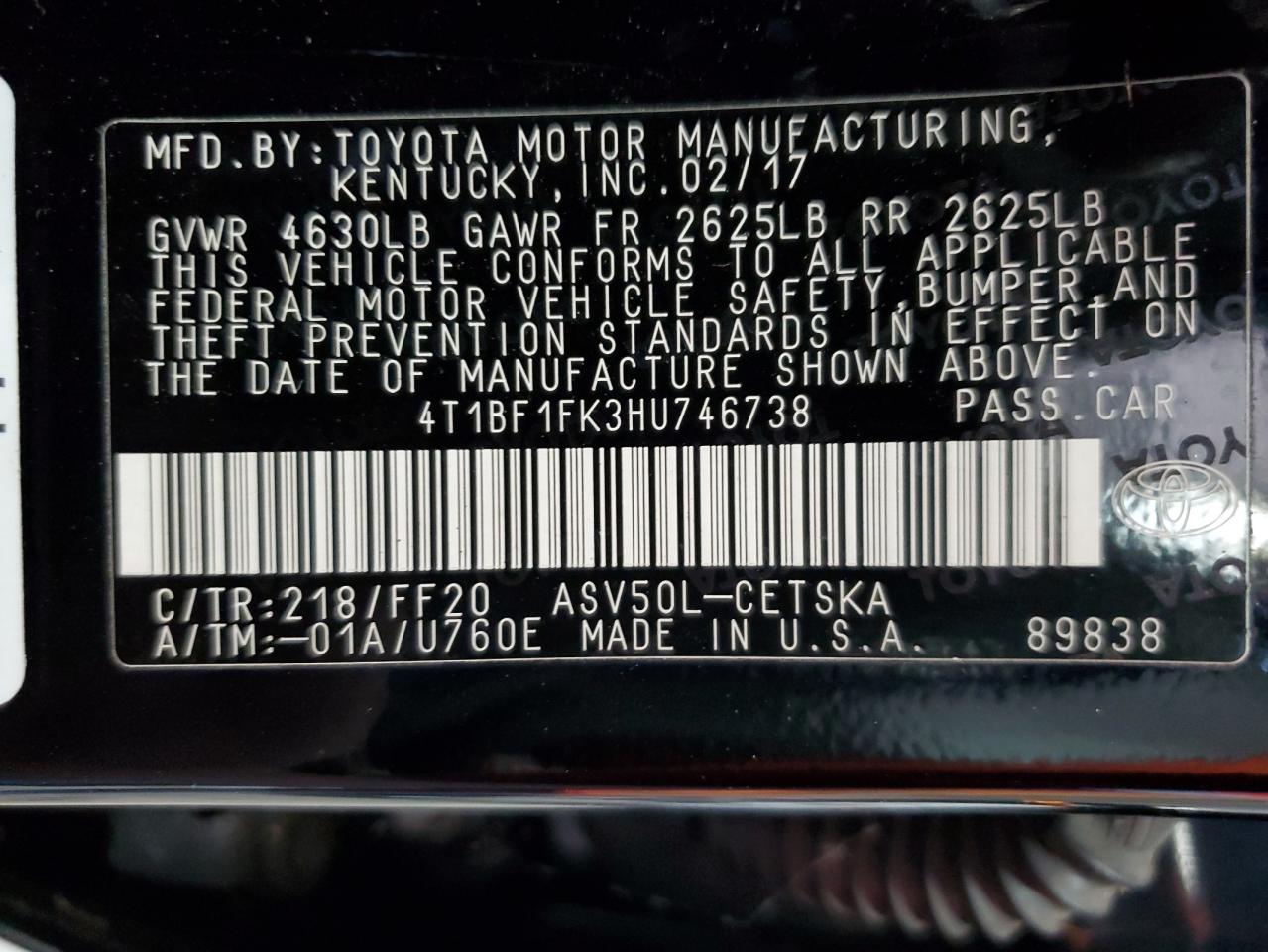 2017 Toyota Camry Le VIN: 4T1BF1FK3HU746738 Lot: 81930735