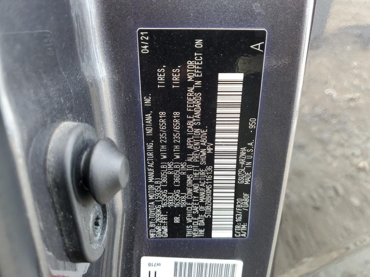 2021 Toyota Highlander L VIN: 5TDBZRBHXMS116136 Lot: 83849595