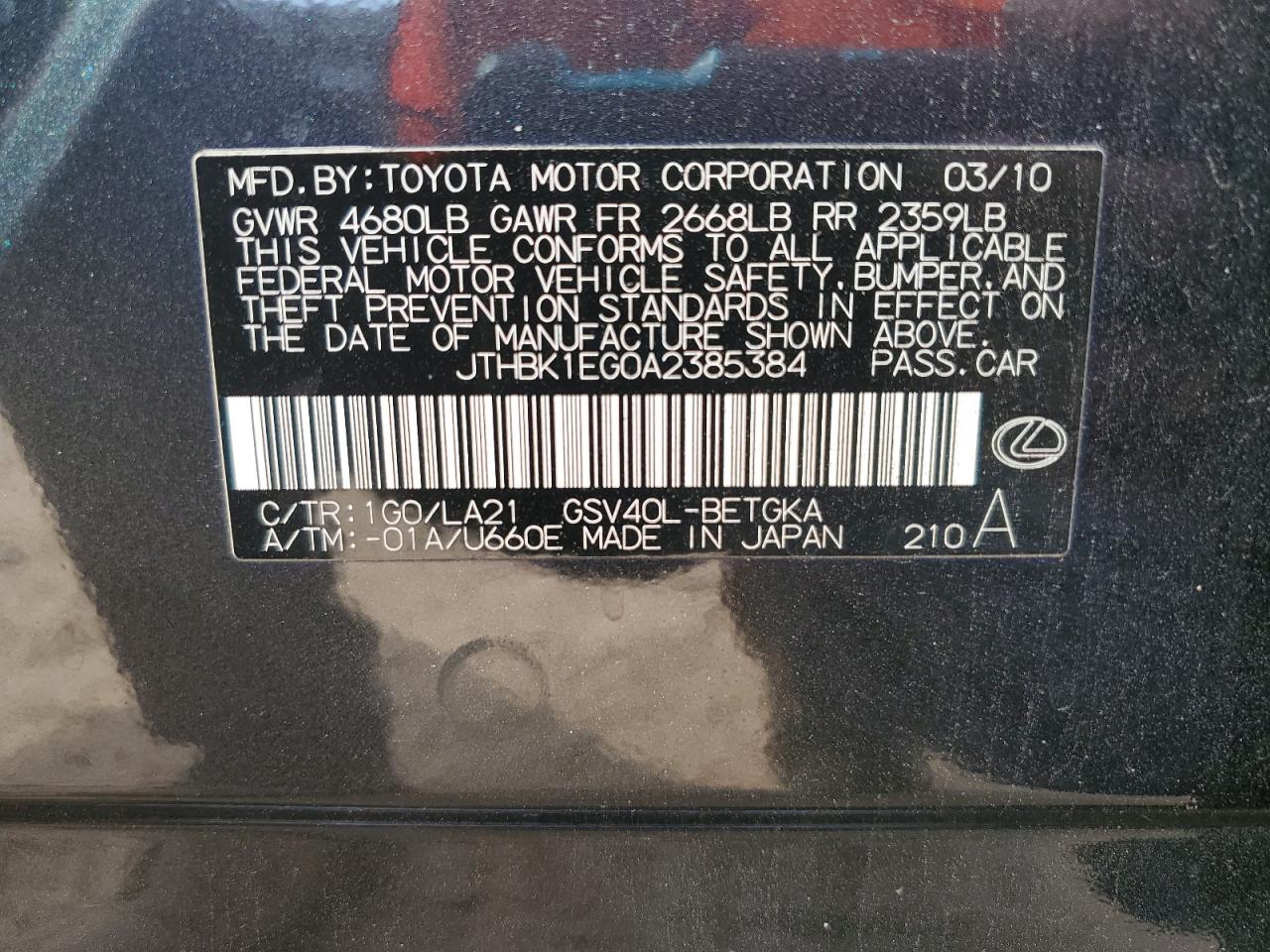 2010 Lexus Es 350 VIN: JTHBK1EG0A2385384 Lot: 81809905