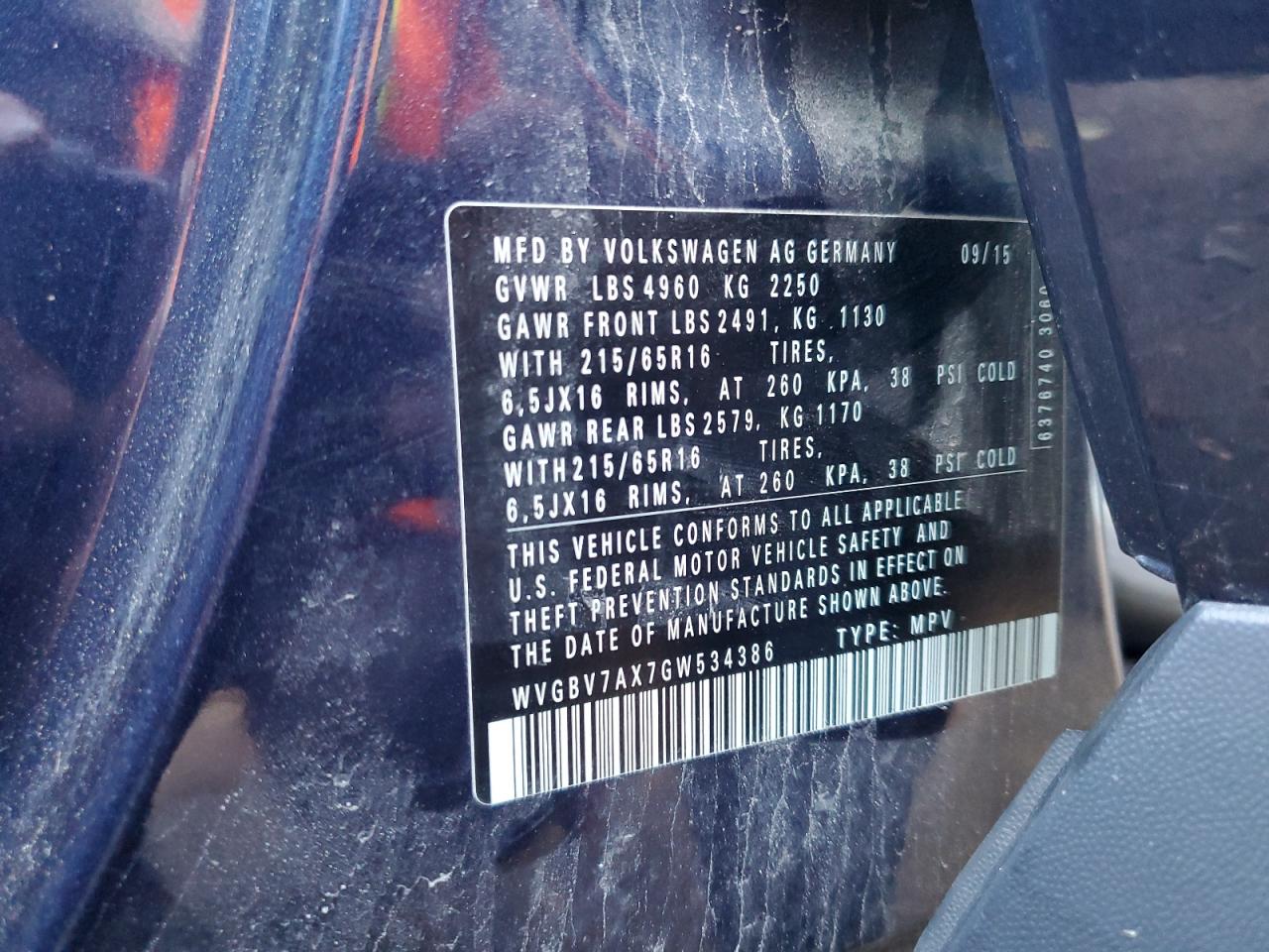 2016 Volkswagen Tiguan S VIN: WVGBV7AX7GW534386 Lot: 71603405