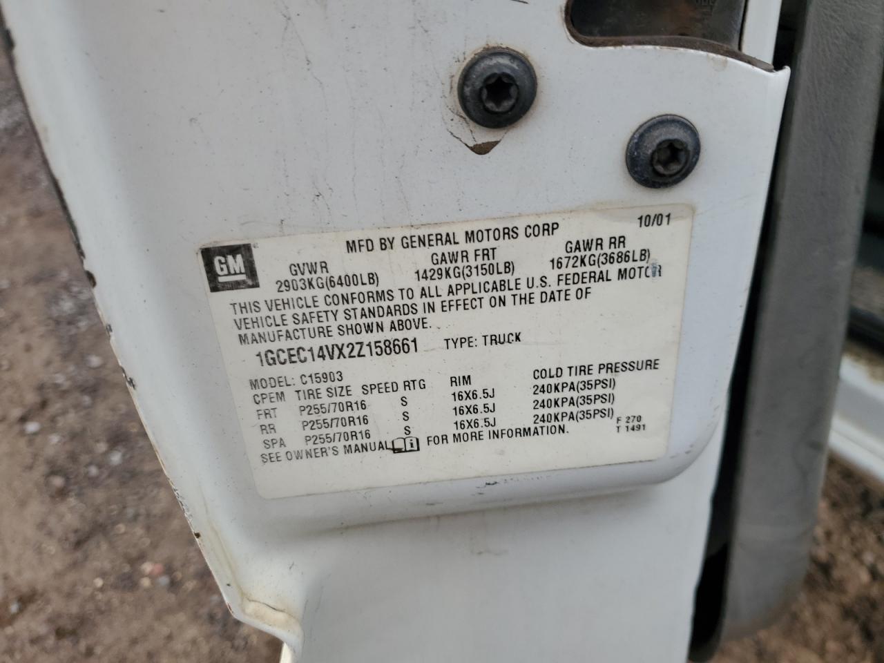 2002 Chevrolet Silverado C1500 VIN: 1GCEC14VX2Z158661 Lot: 83821895