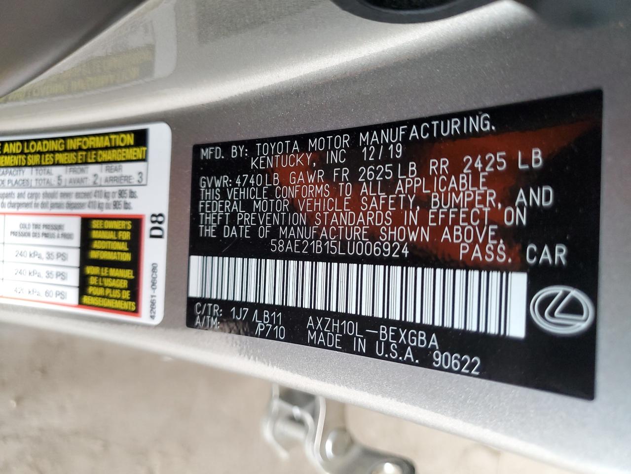 2020 Lexus Es 300H Luxury VIN: 58AE21B15LU006924 Lot: 81475325