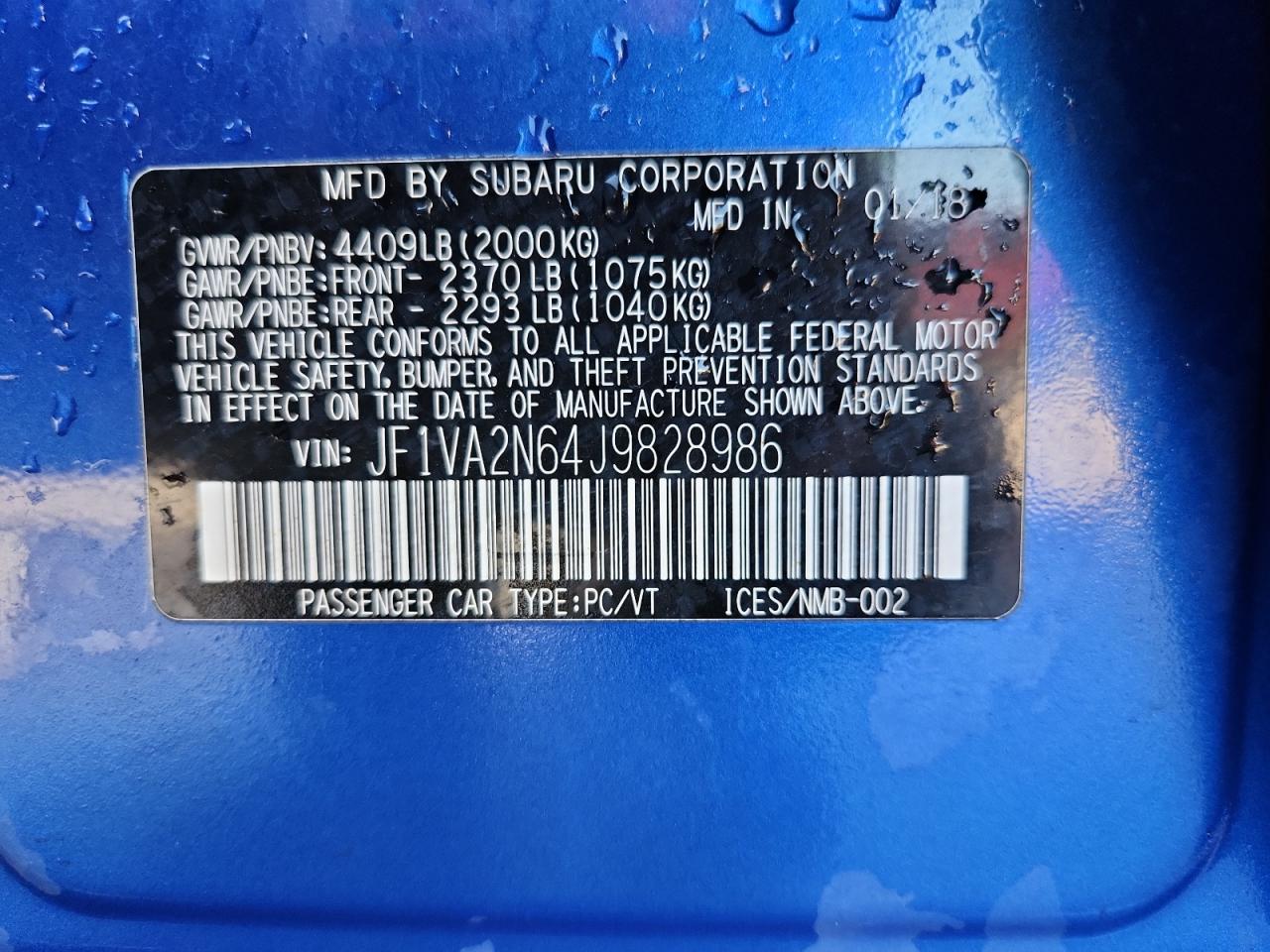 2018 Subaru Wrx Sti VIN: JF1VA2N64J9828986 Lot: 80289845