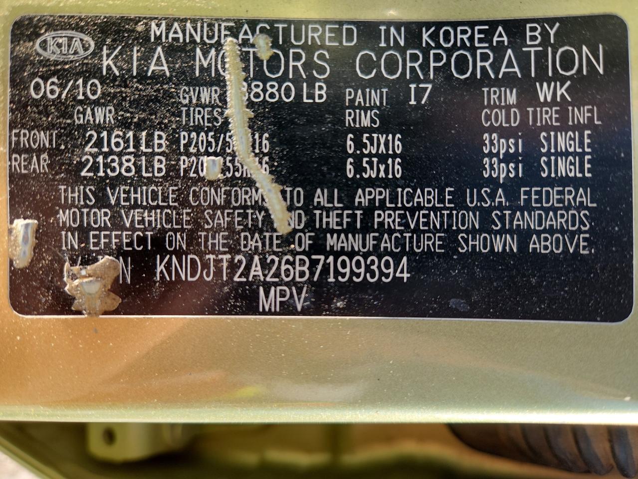 2011 Kia Soul + VIN: KNDJT2A26B7199394 Lot: 71218075