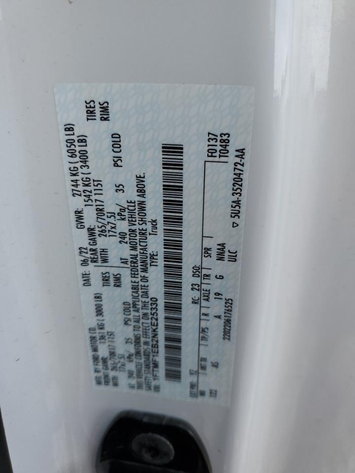 2022 Ford F150 VIN: 1FTMF1EB2NKE25330 Lot: 84870325