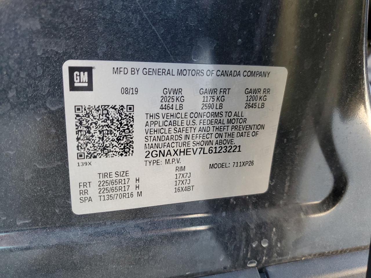 2020 Chevrolet Equinox Ls VIN: 2GNAXHEV7L6123221 Lot: 68651635