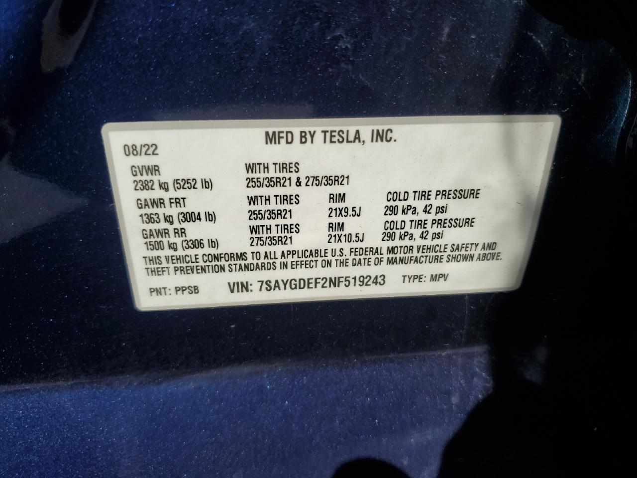 2022 Tesla Model Y VIN: 7SAYGDEF2NF519243 Lot: 71429255