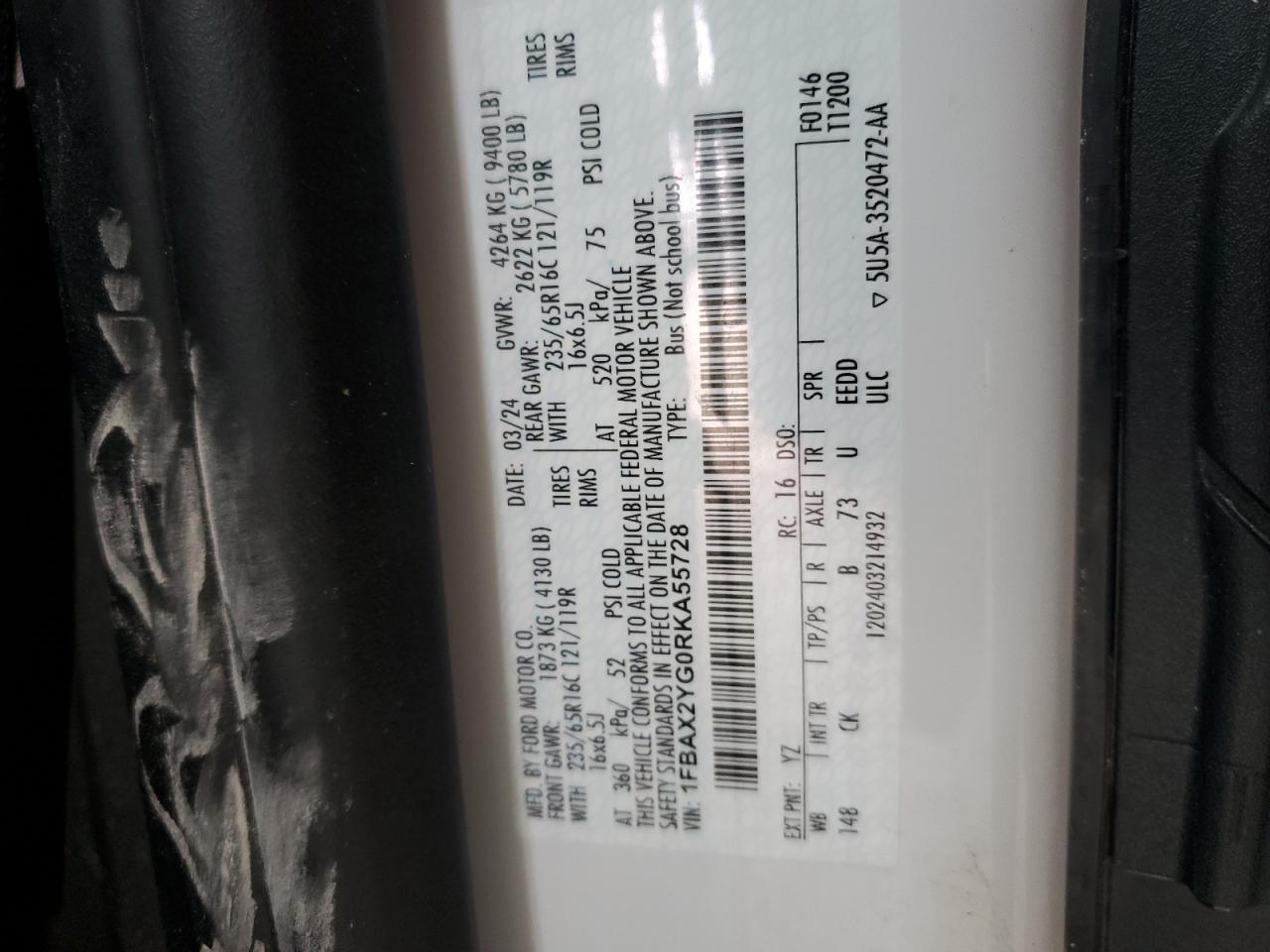 2024 Ford Transit T-350 VIN: 1FBAX2YG0RKA55728 Lot: 70697635