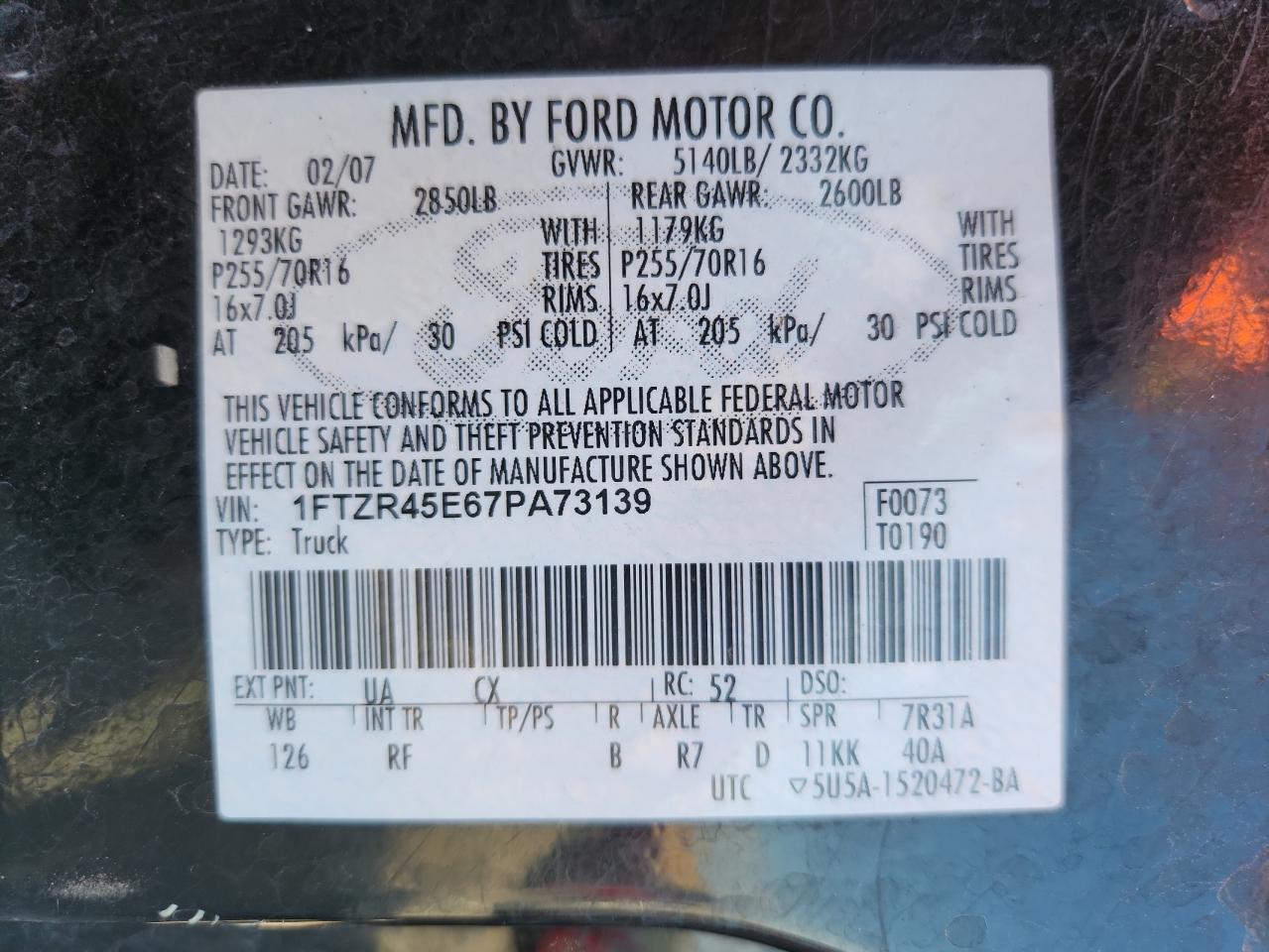 2007 Ford Ranger Super Cab VIN: 1FTZR45E67PA73139 Lot: 71412195