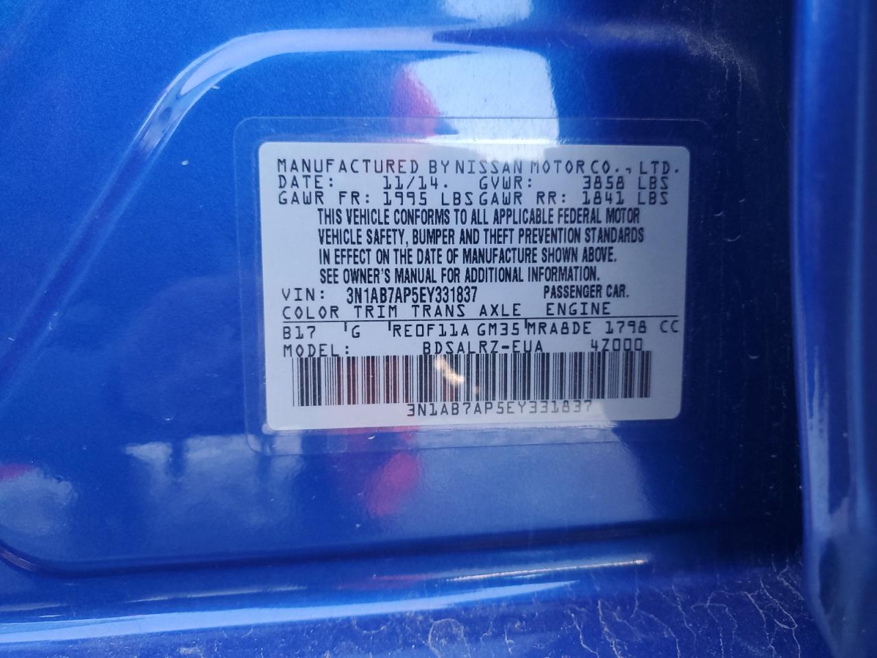 2014 Nissan Sentra S VIN: 3N1AB7AP5EY331837 Lot: 71291695