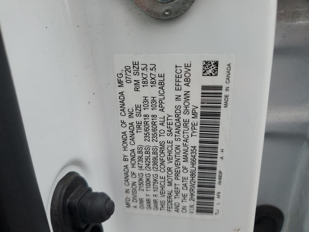 2020 Honda Cr-V Exl VIN: 2HKRW2H86LH664354 Lot: 71753925