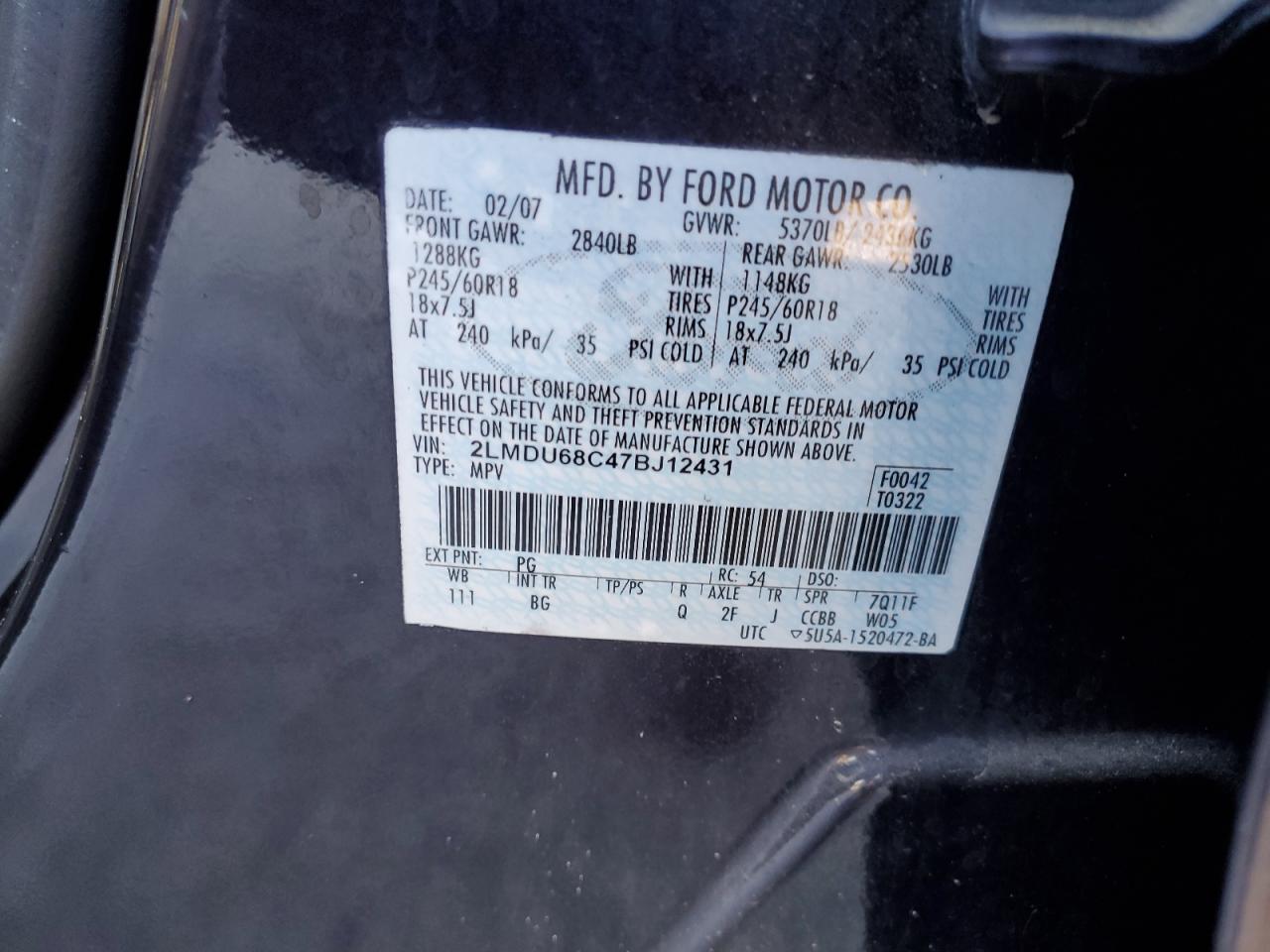 2007 Lincoln Mkx VIN: 2LMDU68C47BJ12431 Lot: 71749945