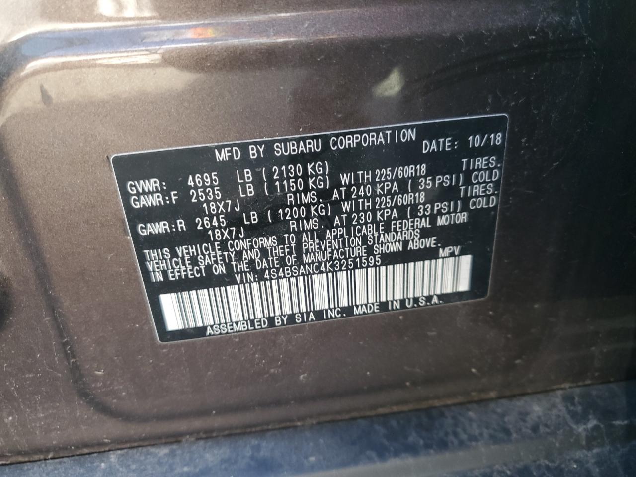 2025 Subaru Outback 2.5I Limited VIN: 4S4BSANC4K3251595 Lot: 82040985