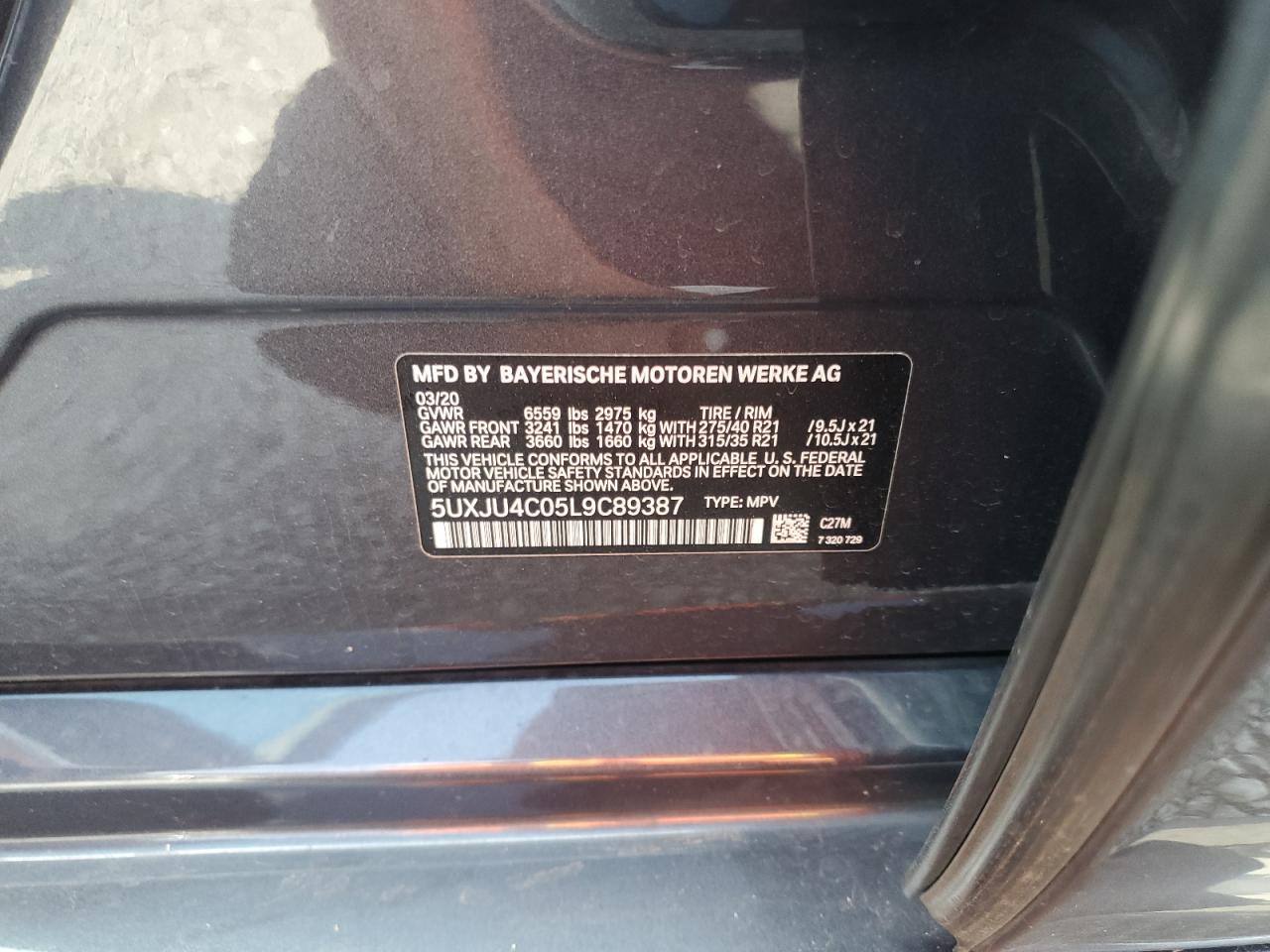 2020 BMW X5 M50I VIN: 5UXJU4C05L9C89387 Lot: 71309455
