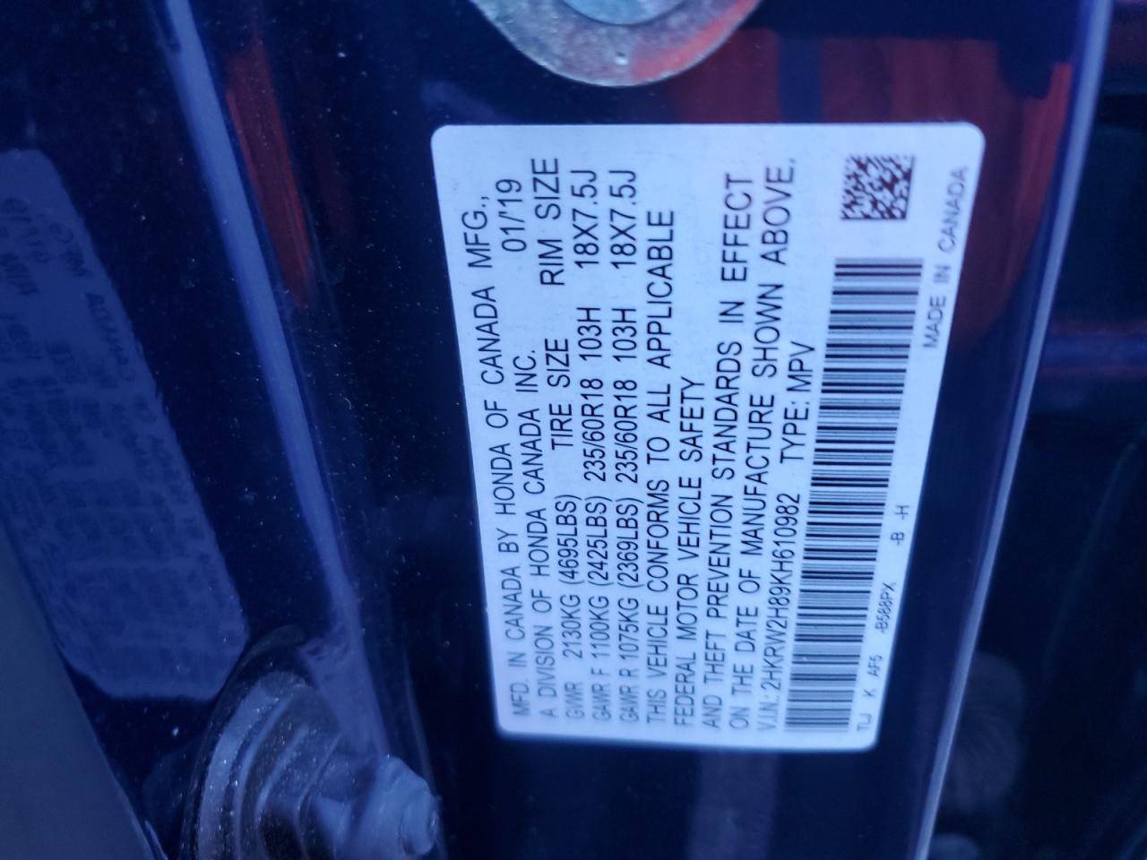2019 Honda Cr-V Exl VIN: 2HKRW2H89KH610982 Lot: 81583835